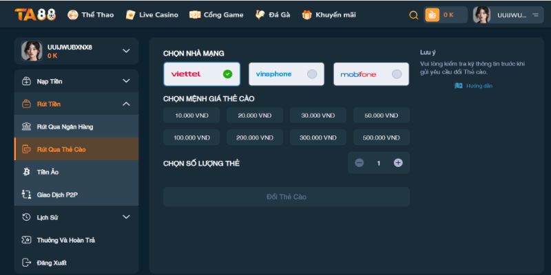 Giao diện chỉ có tại rút tiền TA88