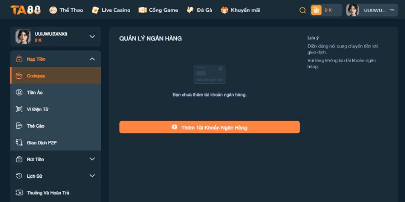 Giao diện nạp tiền TA88 chi tiết